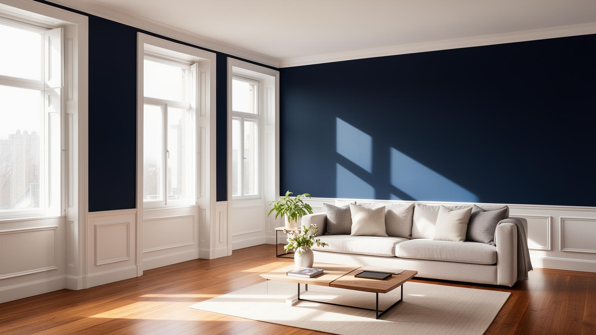 Living room with deep navy accent wall painted by Solano